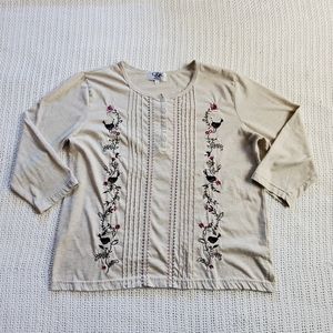 VTG C&K Women's Large Shirt Top Floral Bird Embroidered Long Sleeve Oatm…